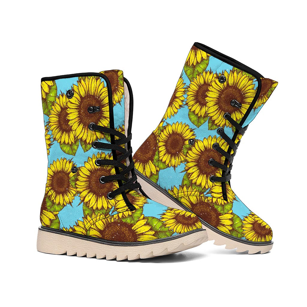 Blue Vintage Sunflower Pattern Print Winter Boots