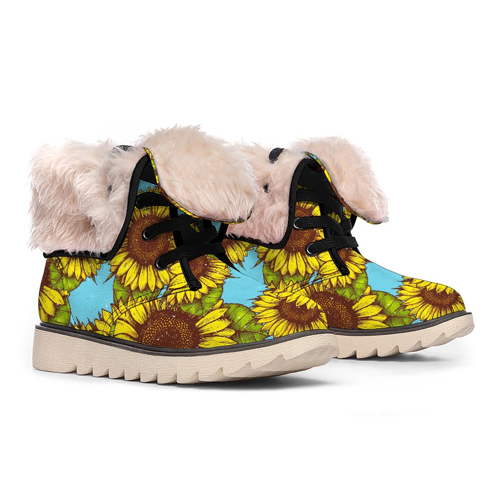 Blue Vintage Sunflower Pattern Print Winter Boots