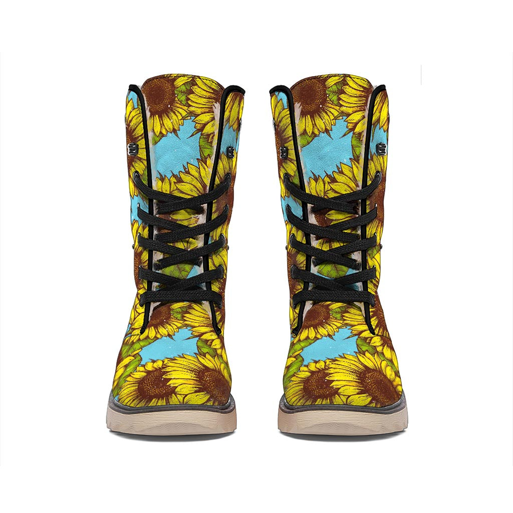 Blue Vintage Sunflower Pattern Print Winter Boots