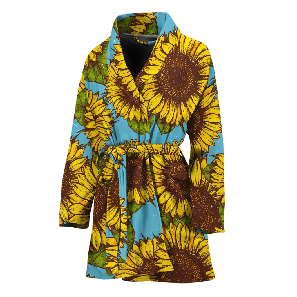 Blue Vintage Sunflower Pattern Print Women's Bathrobe