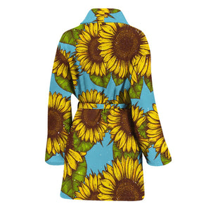 Blue Vintage Sunflower Pattern Print Women's Bathrobe