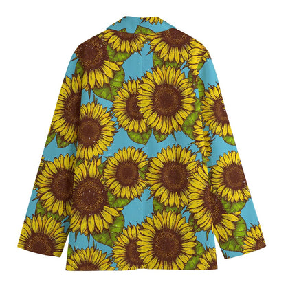 Blue Vintage Sunflower Pattern Print Women's Blazer
