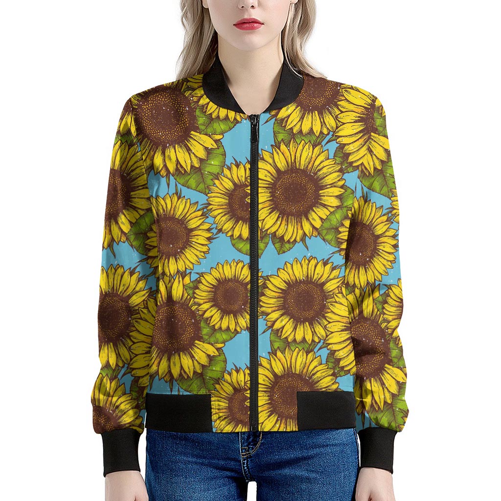 Blue Vintage Sunflower Pattern Print Women's Bomber Jacket