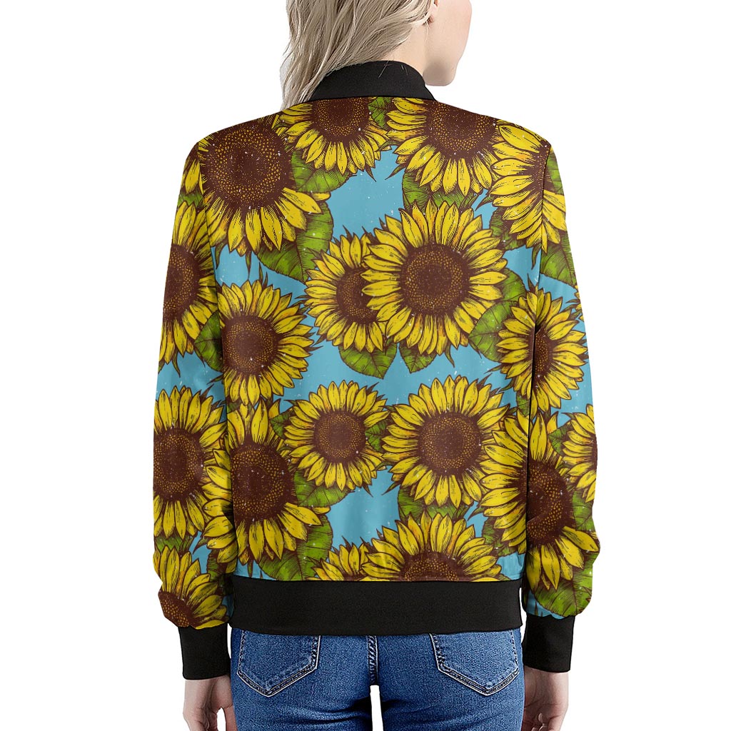 Blue Vintage Sunflower Pattern Print Women's Bomber Jacket