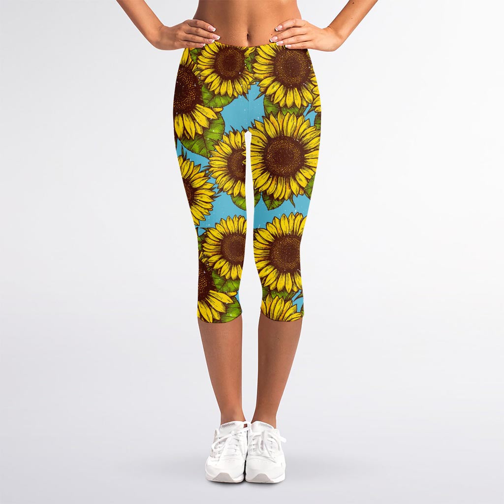 Blue Vintage Sunflower Pattern Print Women's Capri Leggings