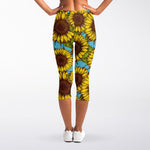 Blue Vintage Sunflower Pattern Print Women's Capri Leggings