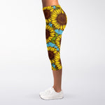 Blue Vintage Sunflower Pattern Print Women's Capri Leggings