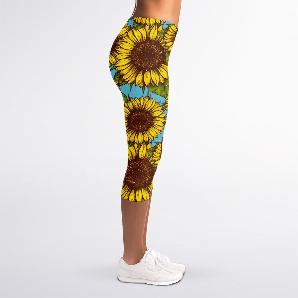 Blue Vintage Sunflower Pattern Print Women's Capri Leggings