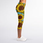 Blue Vintage Sunflower Pattern Print Women's Capri Leggings