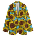 Blue Vintage Sunflower Pattern Print Women's Cotton Blazer