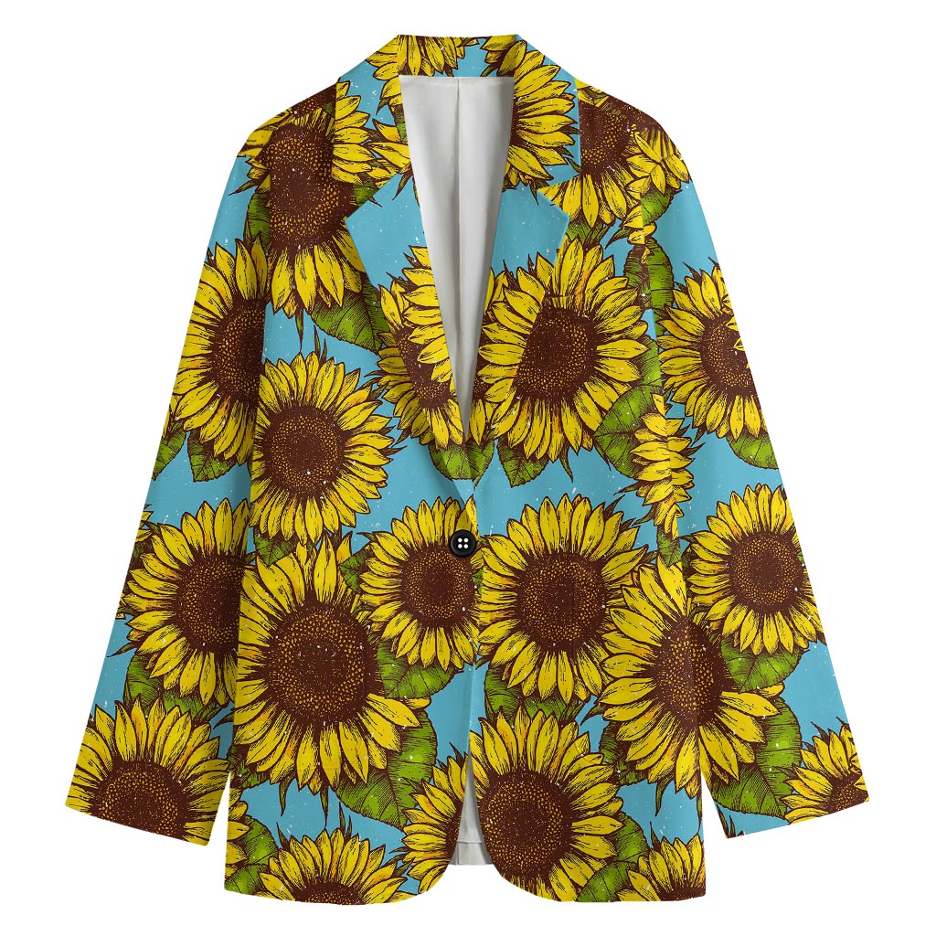 Blue Vintage Sunflower Pattern Print Women's Cotton Blazer