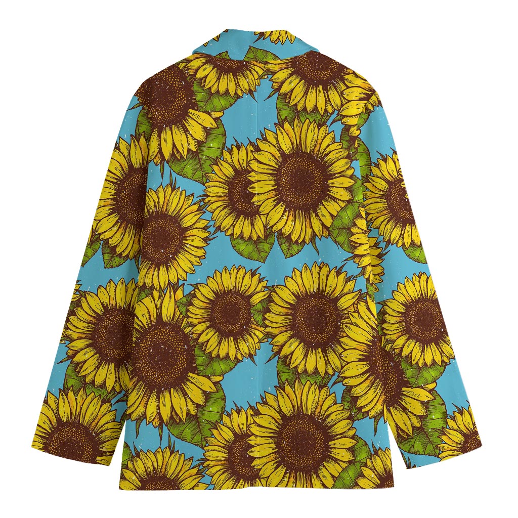 Blue Vintage Sunflower Pattern Print Women's Cotton Blazer