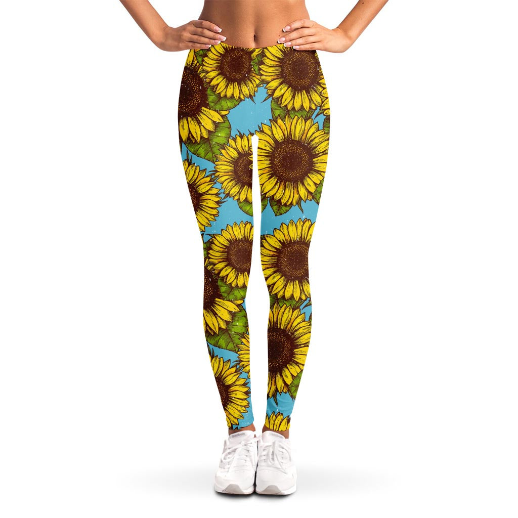 Blue Vintage Sunflower Pattern Print Women's Leggings