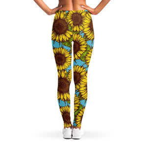 Blue Vintage Sunflower Pattern Print Women's Leggings