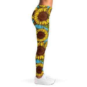 Blue Vintage Sunflower Pattern Print Women's Leggings