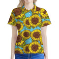 Blue Vintage Sunflower Pattern Print Women's Polo Shirt