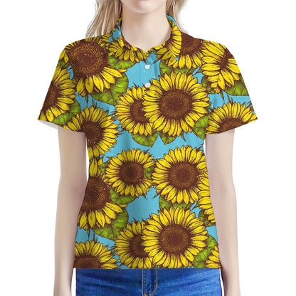 Blue Vintage Sunflower Pattern Print Women's Polo Shirt