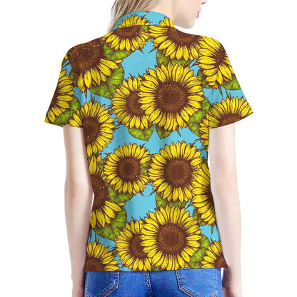 Blue Vintage Sunflower Pattern Print Women's Polo Shirt