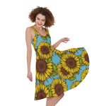 Blue Vintage Sunflower Pattern Print Women's Sleeveless Dress