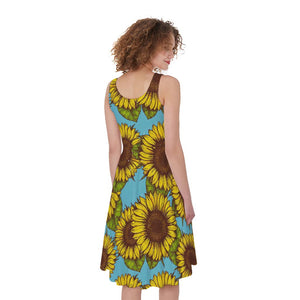 Blue Vintage Sunflower Pattern Print Women's Sleeveless Dress