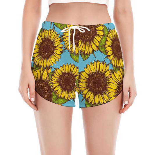 Blue Vintage Sunflower Pattern Print Women's Split Running Shorts