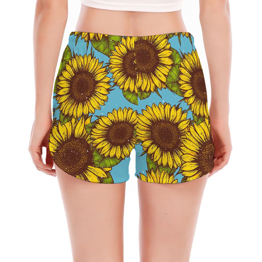 Blue Vintage Sunflower Pattern Print Women's Split Running Shorts