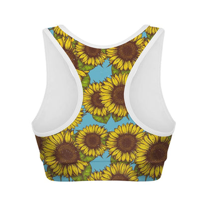 Blue Vintage Sunflower Pattern Print Women's Sports Bra