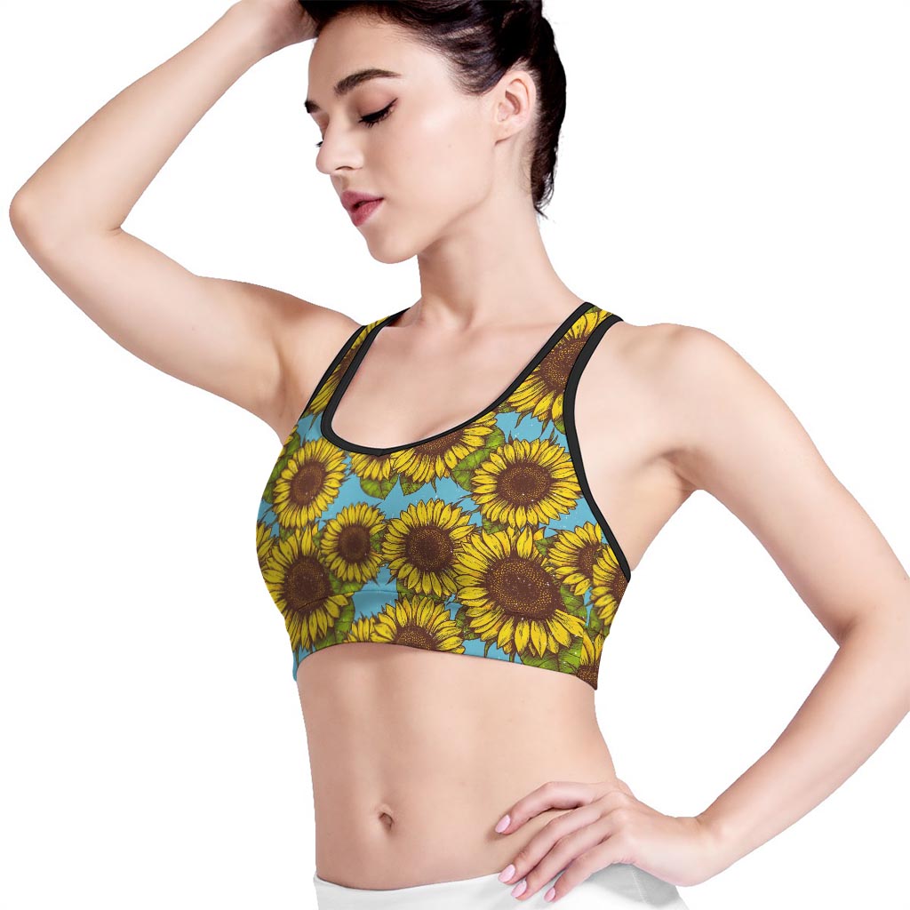 Blue Vintage Sunflower Pattern Print Women's Sports Bra