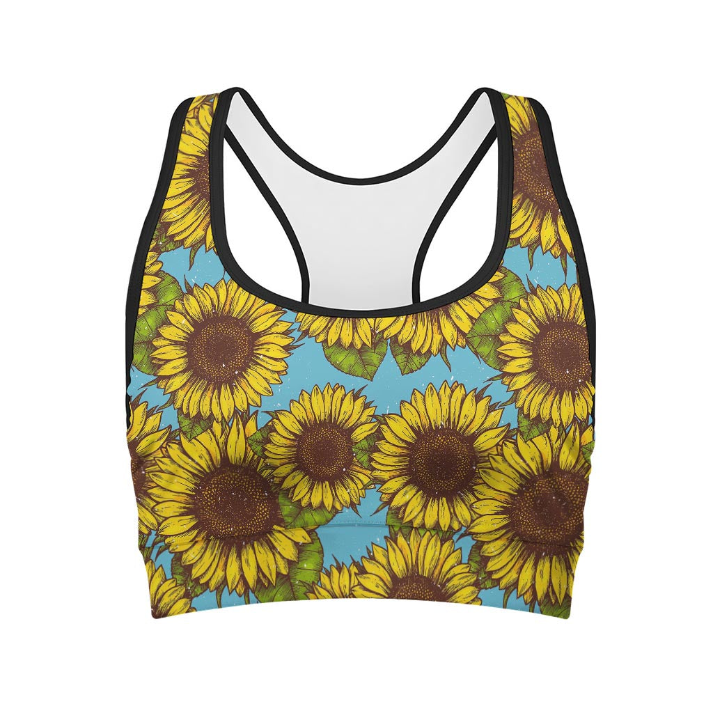 Blue Vintage Sunflower Pattern Print Women's Sports Bra