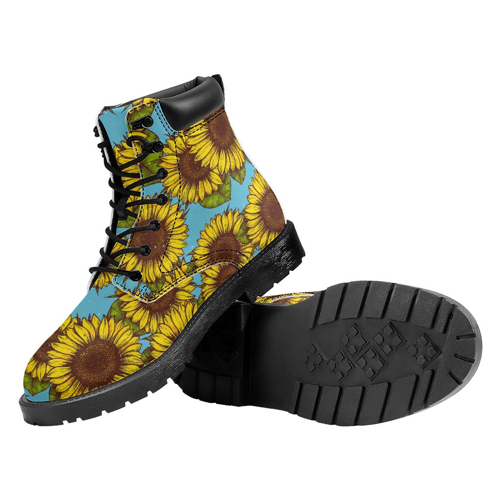 Blue Vintage Sunflower Pattern Print Work Boots