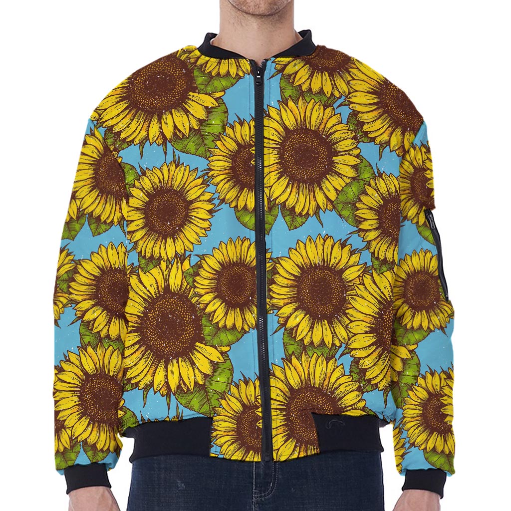 Blue Vintage Sunflower Pattern Print Zip Sleeve Bomber Jacket