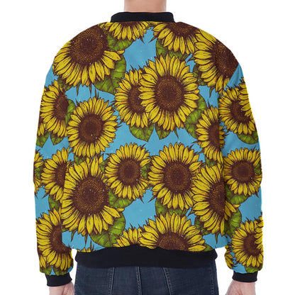 Blue Vintage Sunflower Pattern Print Zip Sleeve Bomber Jacket