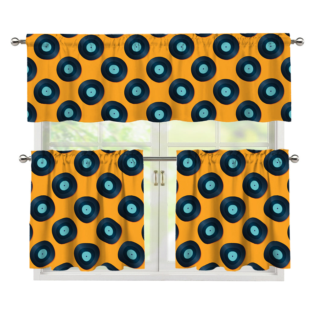 Blue Vinyl Record Pattern Print 3 Piece Kitchen Curtains