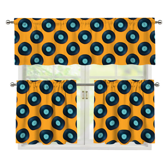 Blue Vinyl Record Pattern Print 3 Piece Kitchen Curtains