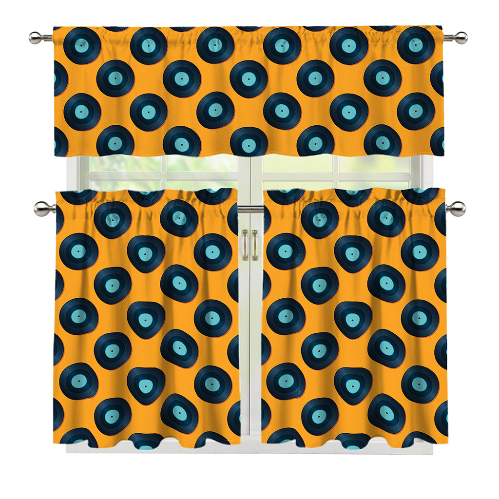 Blue Vinyl Record Pattern Print 3 Piece Kitchen Curtains
