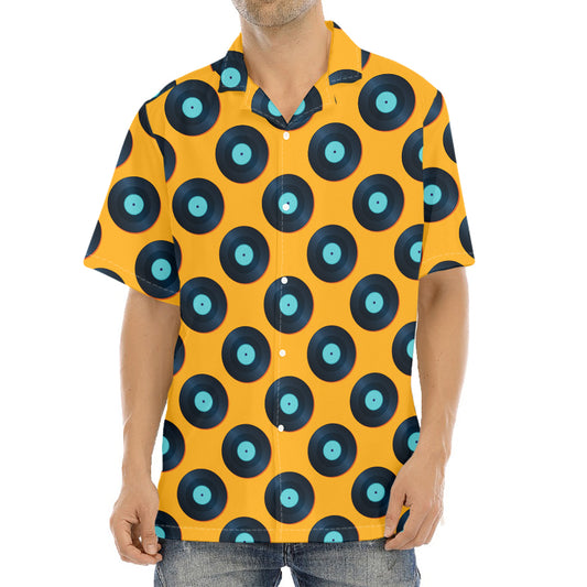 Blue Vinyl Record Pattern Print Aloha Shirt