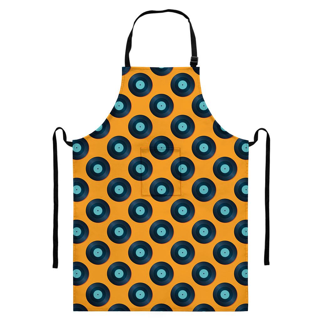 Blue Vinyl Record Pattern Print Bib Apron With Pocket