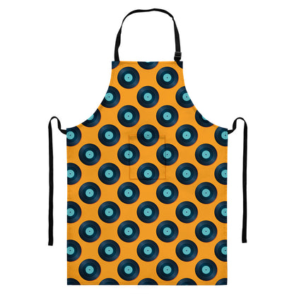 Blue Vinyl Record Pattern Print Bib Apron With Pocket