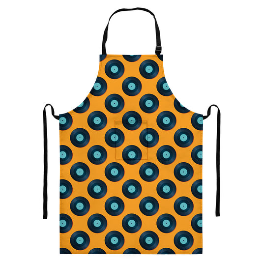 Blue Vinyl Record Pattern Print Bib Apron With Pocket