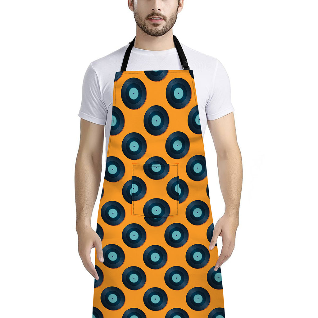 Blue Vinyl Record Pattern Print Bib Apron With Pocket
