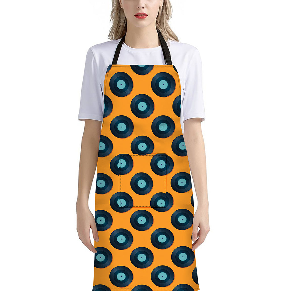 Blue Vinyl Record Pattern Print Bib Apron With Pocket