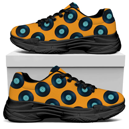 Blue Vinyl Record Pattern Print Black Chunky Shoes