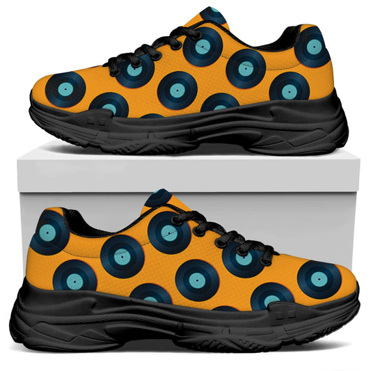 Blue Vinyl Record Pattern Print Black Chunky Shoes