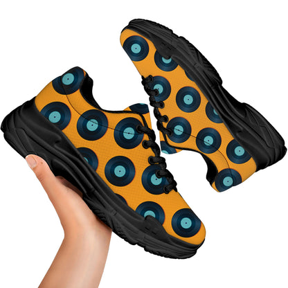Blue Vinyl Record Pattern Print Black Chunky Shoes