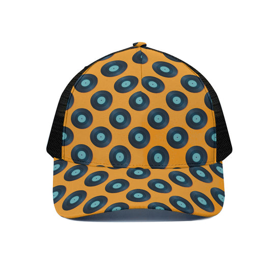 Blue Vinyl Record Pattern Print Black Mesh Trucker Cap