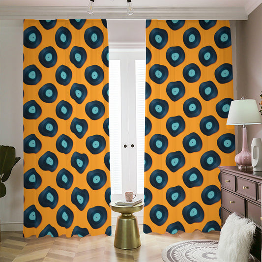 Blue Vinyl Record Pattern Print Blackout Pencil Pleat Curtains