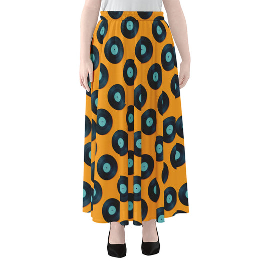 Blue Vinyl Record Pattern Print Chiffon Maxi Skirt