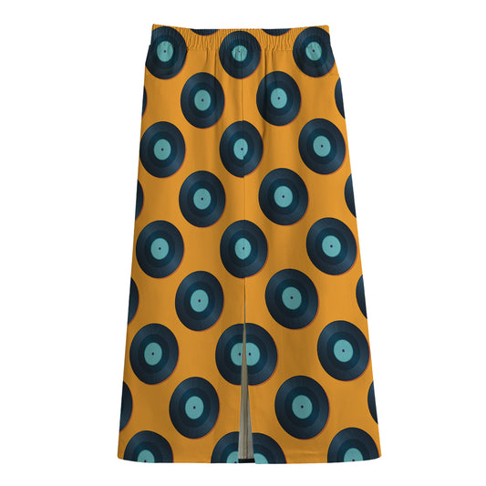 Blue Vinyl Record Pattern Print Cotton Front Slit Maxi Skirt