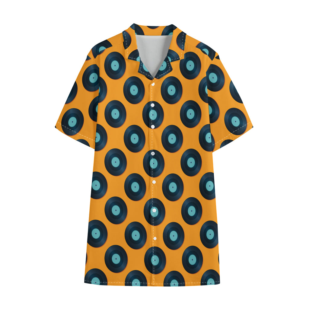 Blue Vinyl Record Pattern Print Cotton Hawaiian Shirt