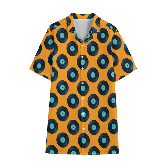 Blue Vinyl Record Pattern Print Cotton Hawaiian Shirt